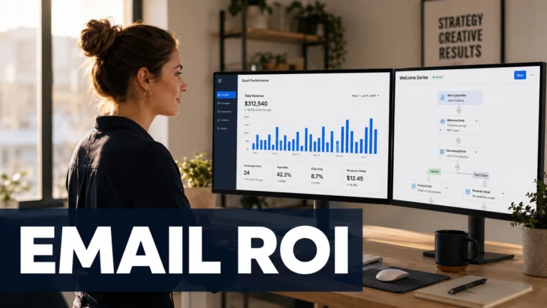 A digital marketer reviewing email campaign ROI data on a laptop showing performance metrics and revenue graphs with upward trends