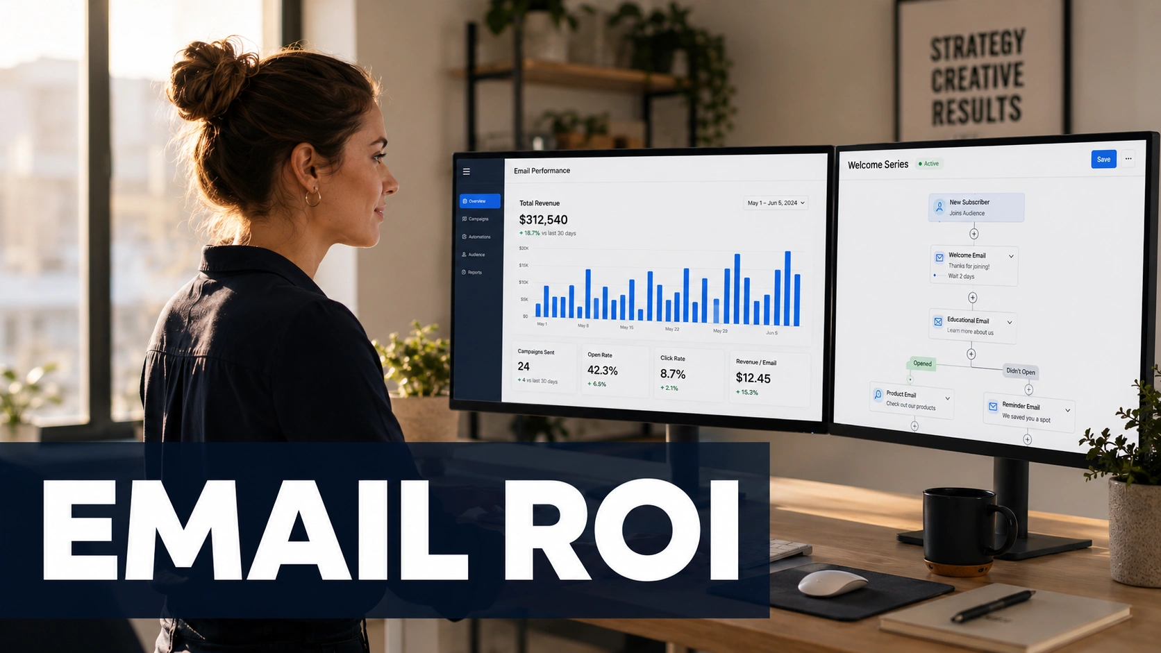 A digital marketer reviewing email campaign ROI data on a laptop showing performance metrics and revenue graphs with upward trends