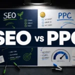 A bold split-design infographic-style illustration showing SEO on one side and PPC on the other, with performance arrows pointing upward on the SEO side and a clock icon on the PPC side