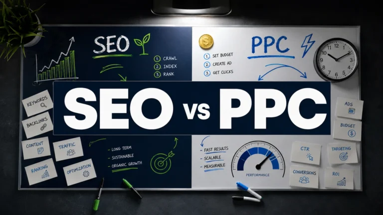 A bold split-design infographic-style illustration showing SEO on one side and PPC on the other, with performance arrows pointing upward on the SEO side and a clock icon on the PPC side