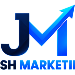 Jash Marketing logo with a dark navy and blue upward-growth arrow symbol.