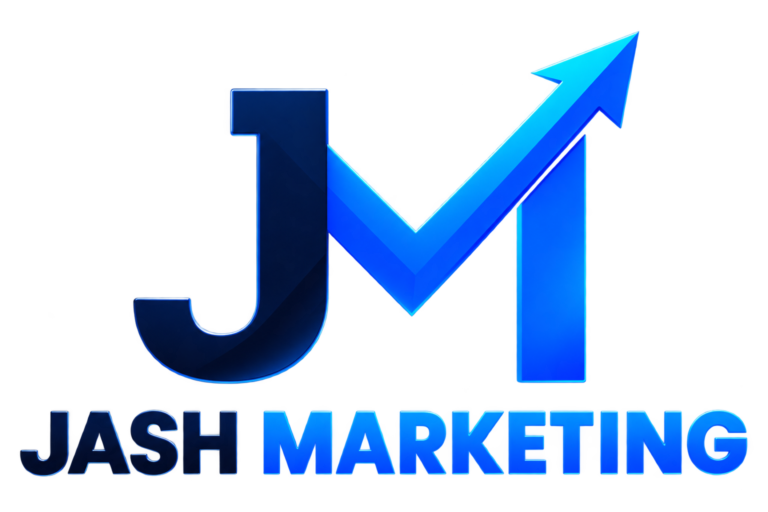Jash Marketing logo with a dark navy and blue upward-growth arrow symbol.